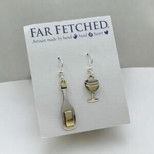 Far Fetched Wine Glass Bottle Dangle Earrings Mismatched Design Artisan Silver